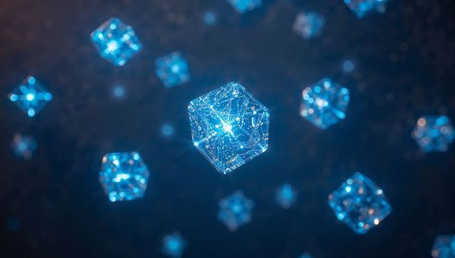 Glowing blue cubes with circuit patterns in virtual space