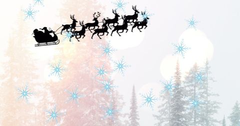 Santa Flying Across Winter Wonderland with Reindeers