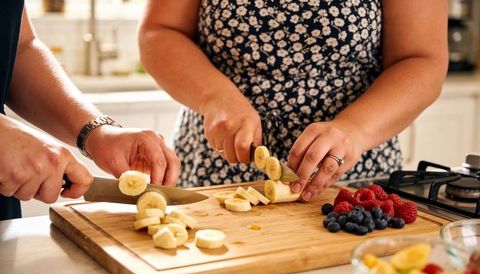 Couple slicing bananas and berries while wearing floral apron on wooden cutting board