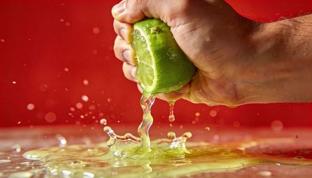 Hand squeezing lime creating dramatic crown-shaped juice splash on glossy red surface