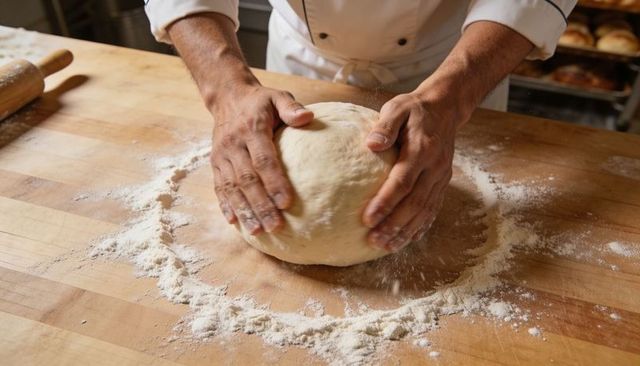 Chef Shaping Rustic Bread Dough on Floured Wooden Workbench for Artisan Bakery