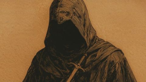 Hooded assassin figure holding scythe against minimalist background