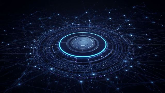 Futuristic circular interface with neon nodes and grid connections