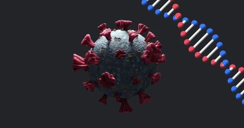 Abstract DNA Interaction with Coronavirus Cell on Dark Background
