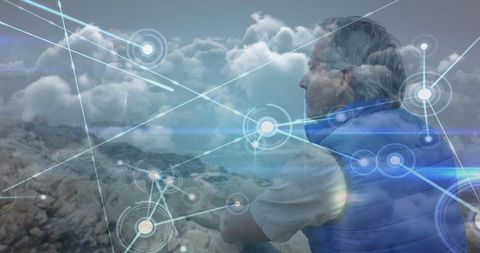 Senior man hiking with cloud network connection background