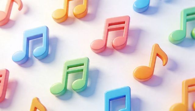 Pastel 3d musical notes featuring centered green double eighth note on soft gradient