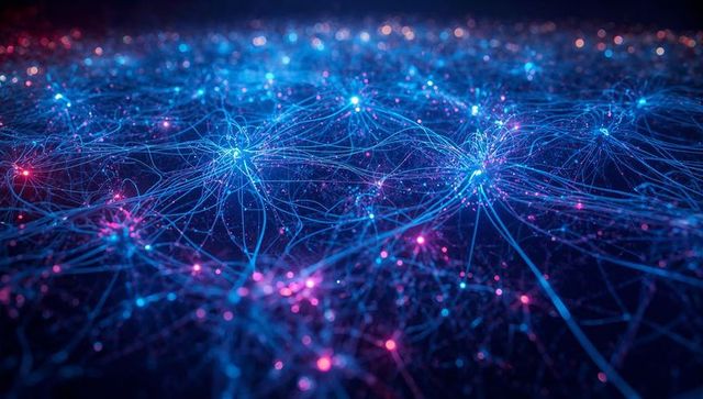 Futuristic data network with glowing nodes and filaments