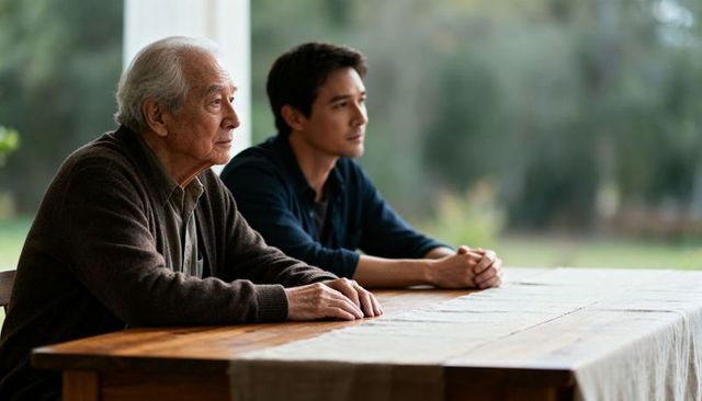 Senior man and adult son sitting contemplative at veranda table connecting generations