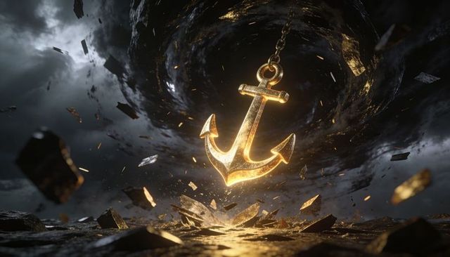 Golden Anchor Suspended Over Shattered Rocks in Dark Swirling Vortex of Debris and Light