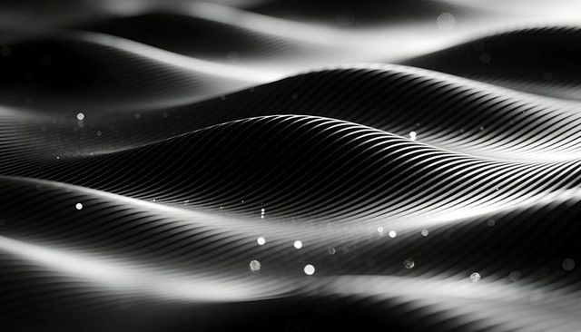 Monochrome Abstract Wavy Ribbed Surface with Glossy Highlights and Floating Bokeh Orbs