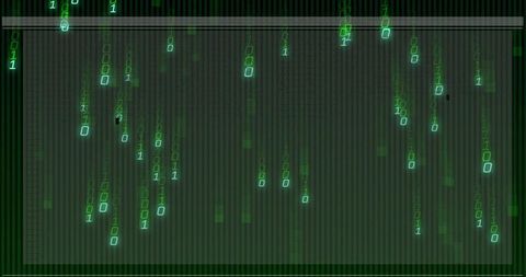 Glowing green binary code cascading on dark grid