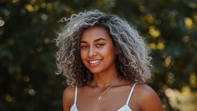 Sunlit portrait of smiling woman with voluminous curly silver-highlight hair and gold pendant