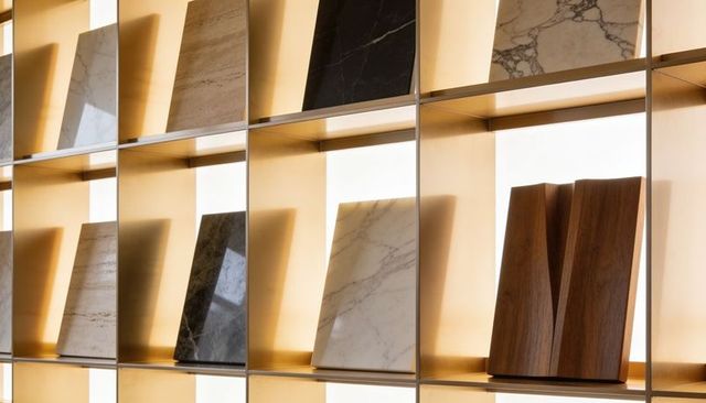 Backlit marble and wood display grid showing luxury stone slab samples for interior design