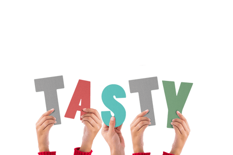 Hands holding tasty letter cutouts on transparent background