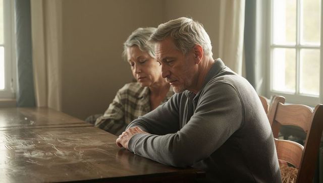 Senior couple reflecting together at worn wooden dining table in soft daylight intimate