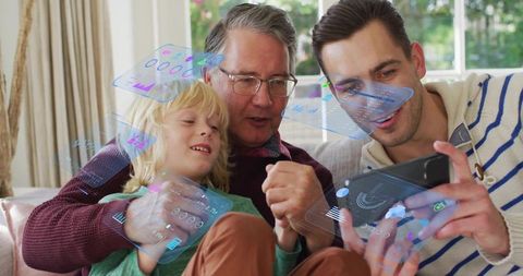 Multigenerational family interacting with holographic mobile interface on living room couch