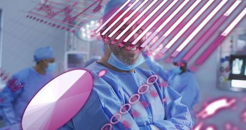 Lead surgeon using augmented reality overlays and data visualizations in operating room