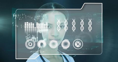 Future tech african american female scientist analyzing digital data