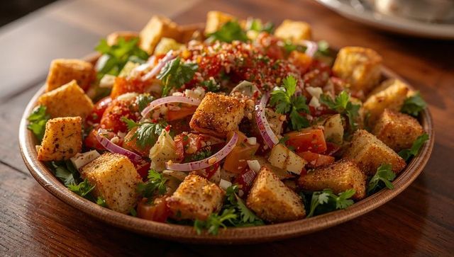Rustic panzanella salad with crispy herb croutons and fresh tomatoes