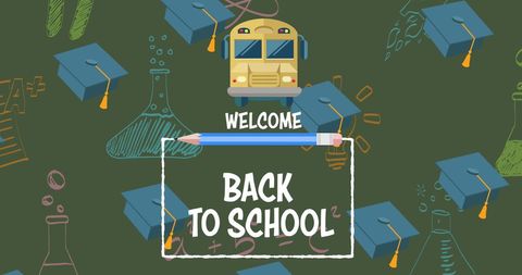 Back to School Welcome Banner with Educational Icons on Green Chalkboard