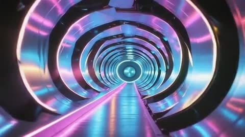 Futuristic Metallic Tunnel with LED Lights and Reflective Surfaces