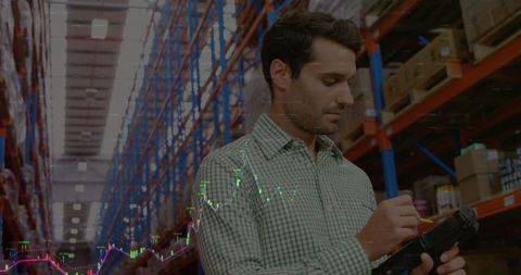 Businessman Overseeing Inventory with Data Overlay in Modern Warehouse