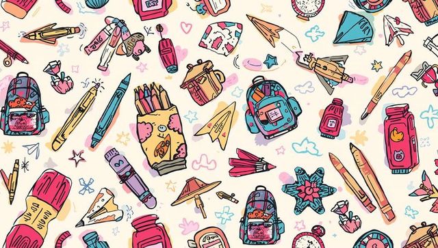 Colorful seamless pattern of school supplies on cream background