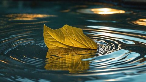 Yellow leaf drifting on pond creating tranquil ripples