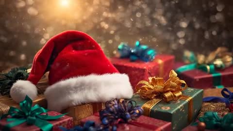 Tightening Focus on Red Santa Hat atop Festive Gift Boxes with Glitter Bokeh