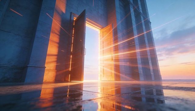 Glowing portal framed by stone columns casting warm beams across glossy reflections