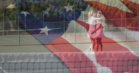 Tennis Players Celebrating Camaraderie on Court with National Pride