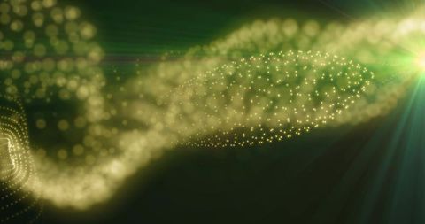 Flowing golden particle ribbon across deep green gradient toward radiant white-green flare