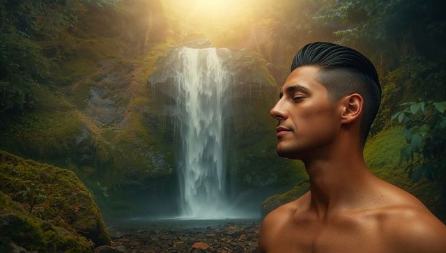 Shirtless Male Hiker Exploring Misty Forest Waterfall