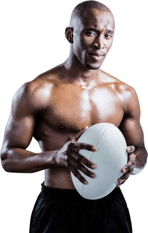 Athletic Confident Shirtless Player Holding Rugby Ball Transparent Background