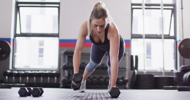 Low angle image of confident caucasian woman raising dumbbells working out at a gym. Exercise, fitness and healthy lifestyle.