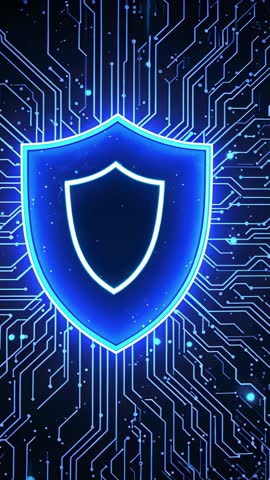 Vertical Cyber Shield Animation Pulsing Neon Blue Network Lines Lighting During System Startup