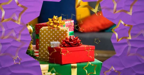 Colorful Gift Boxes with Gold Star Decorations for Christmas Celebration