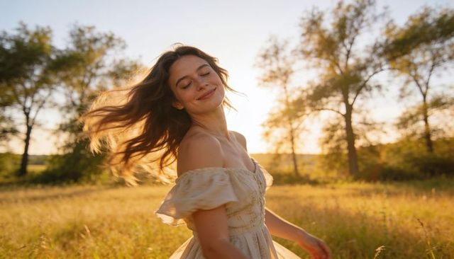 Twirling young woman enjoying golden hour in sunlit meadow wearing off-shoulder dress