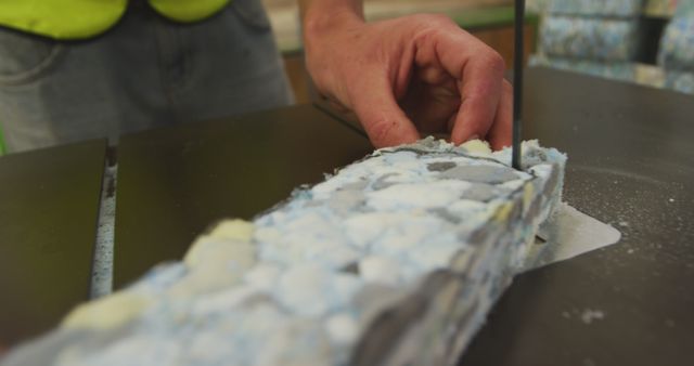 Close-Up of Worker Cutting Foam Material with Bandsaw - Download Free Stock Images Pikwizard.com