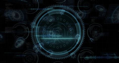 Futuristic biometric HUD pulsing fingerprint data interface cybersecurity dashboard