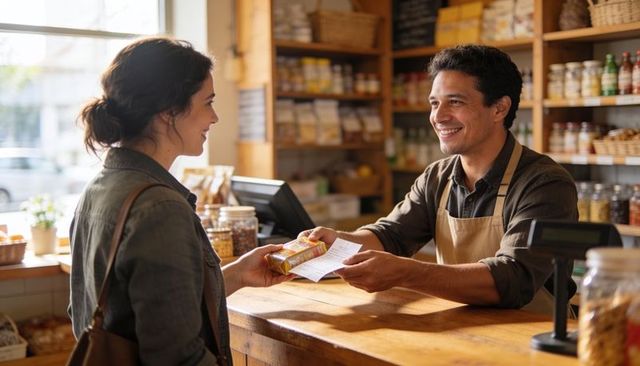 Smiling shopkeeper handing receipt and packaged food to customer at wooden market counter