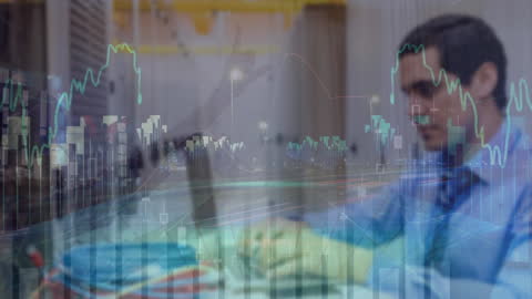 Businessman Analyzing Financial Data with Digital Overlay