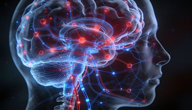 Translucent head revealing glowing neural network, synapses, futuristic brain visualization