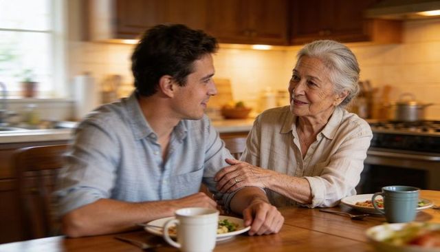 Elderly mother and adult son sharing warm conversation over meal at cozy kitchen table