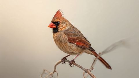 Female Northern Cardinal Perching on Bare Branch in Neutral Serenity
