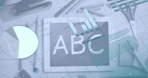 Interactive Infographic and Abc on Digital Tablet with Stationery