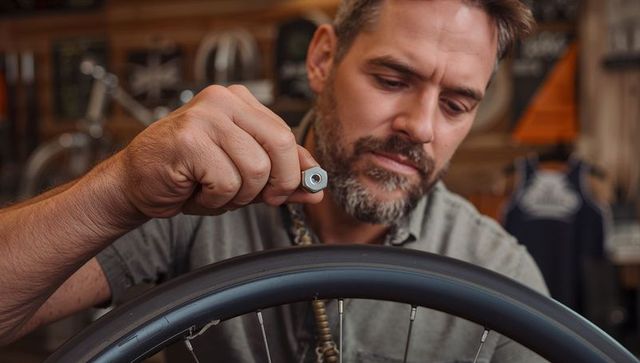 Bearded mechanic tightening nut on clincher bicycle rim in cozy workshop close-up