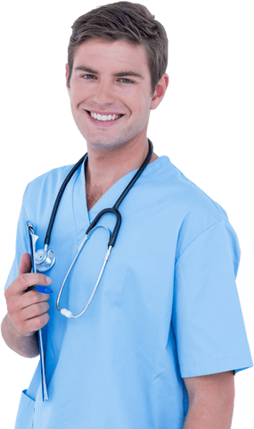 Smiling doctor in scrubs with transparent background holding clipboard