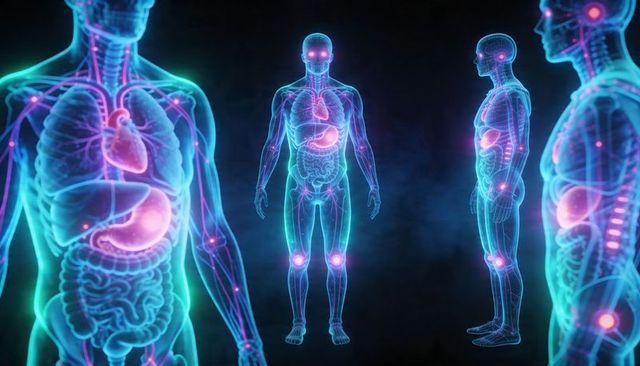 Neon holographic human anatomy showing internal organs, nervous system and joint nodes