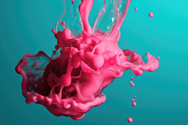 Close up of pink liquid splashing on blue background created using generative ai technology. Liquid and colour concept digitally generated image.